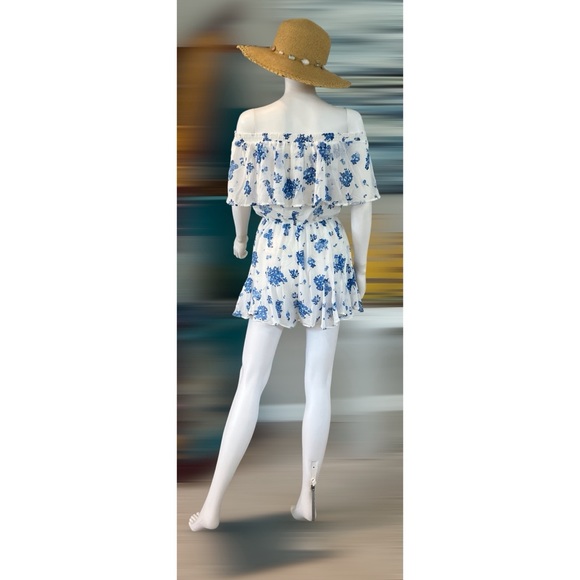 Blue and white floral off shoulder romper XS S M L - Picture 2 of 4
